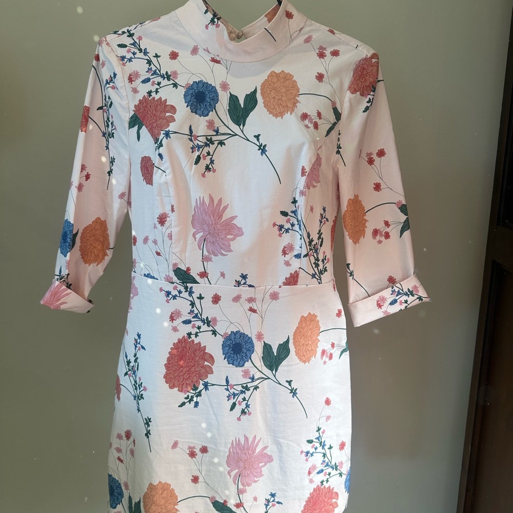 Anthropologie Floral mid Sleeve Dress in Pink and Blue
